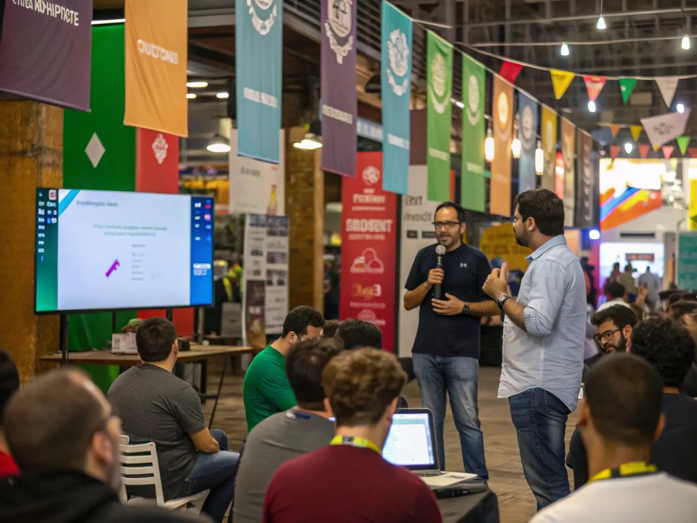 A vibrant image capturing the energy of 'Startup Meet Bangalore', featuring entrepreneurs pitching their ideas to investors and mentors in a bustling environment.