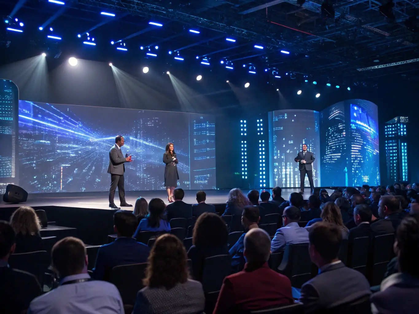A professional setting at a corporate tech event in Delhi, India, with speakers presenting on digital transformation strategies.