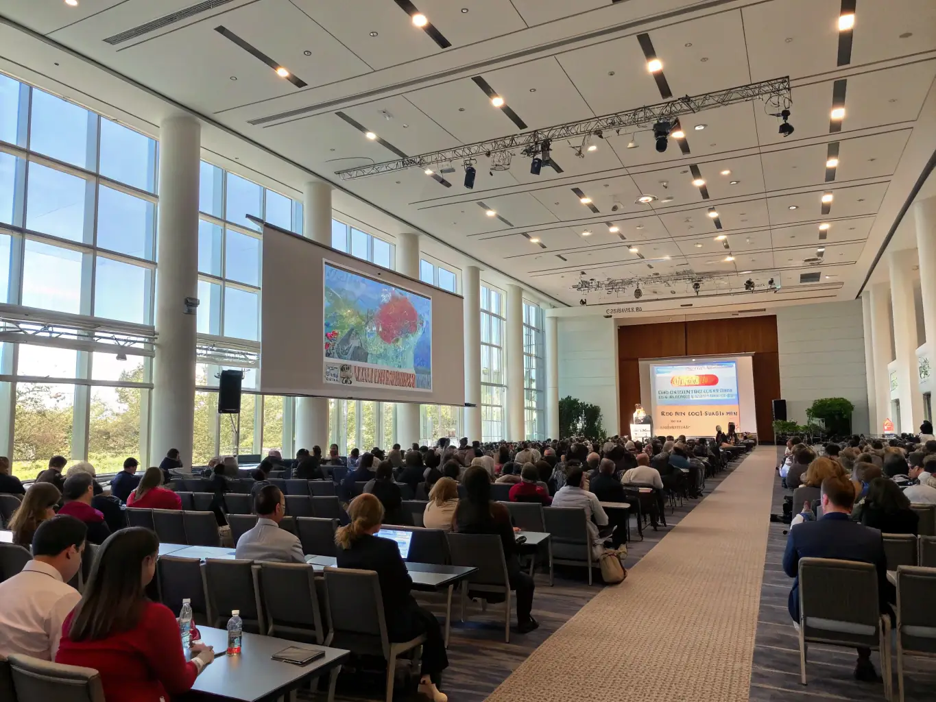 A modern conference hall in Bangalore, India, buzzing with attendees at a tech summit, featuring a panel discussion on AI and machine learning.