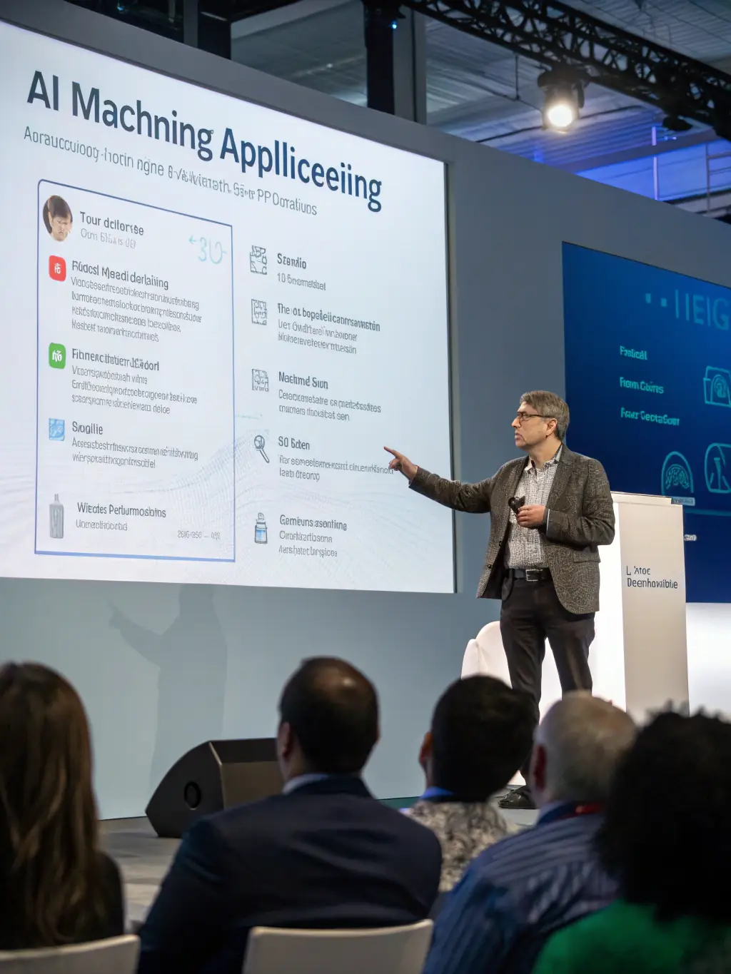 A photograph of a speaker presenting on stage at a tech conference in Bangalore, India, with a focus on AI and machine learning.
