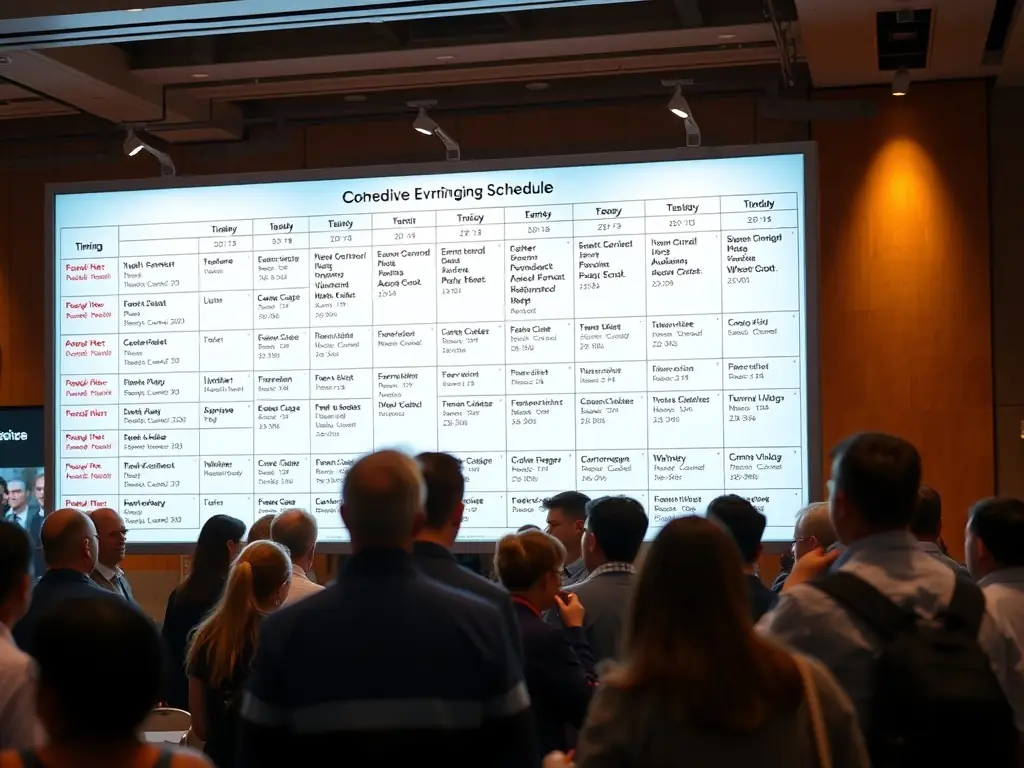 A detailed conference schedule displayed on a large screen, showing session times, speaker names, and room locations. The image is bright and informative, capturing the organized nature of the event.