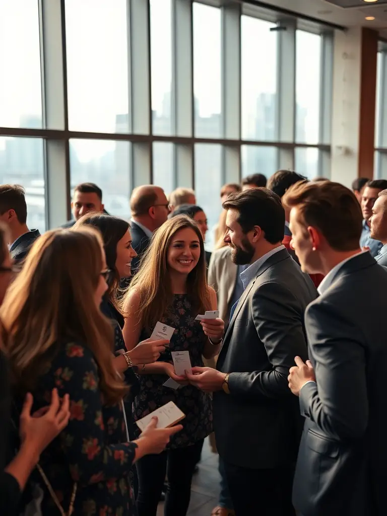 A photograph of a networking event at a fintech conference in Chennai, India, with attendees exchanging business cards.